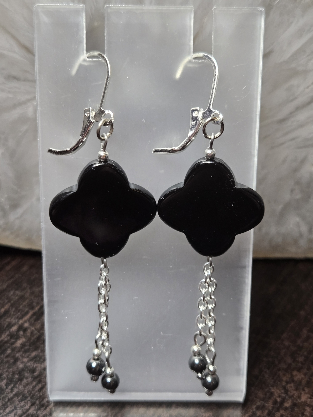 Black Onyx Clover-Shaped Dangle Earrings With Hematite Beads - Picture 2 of 2